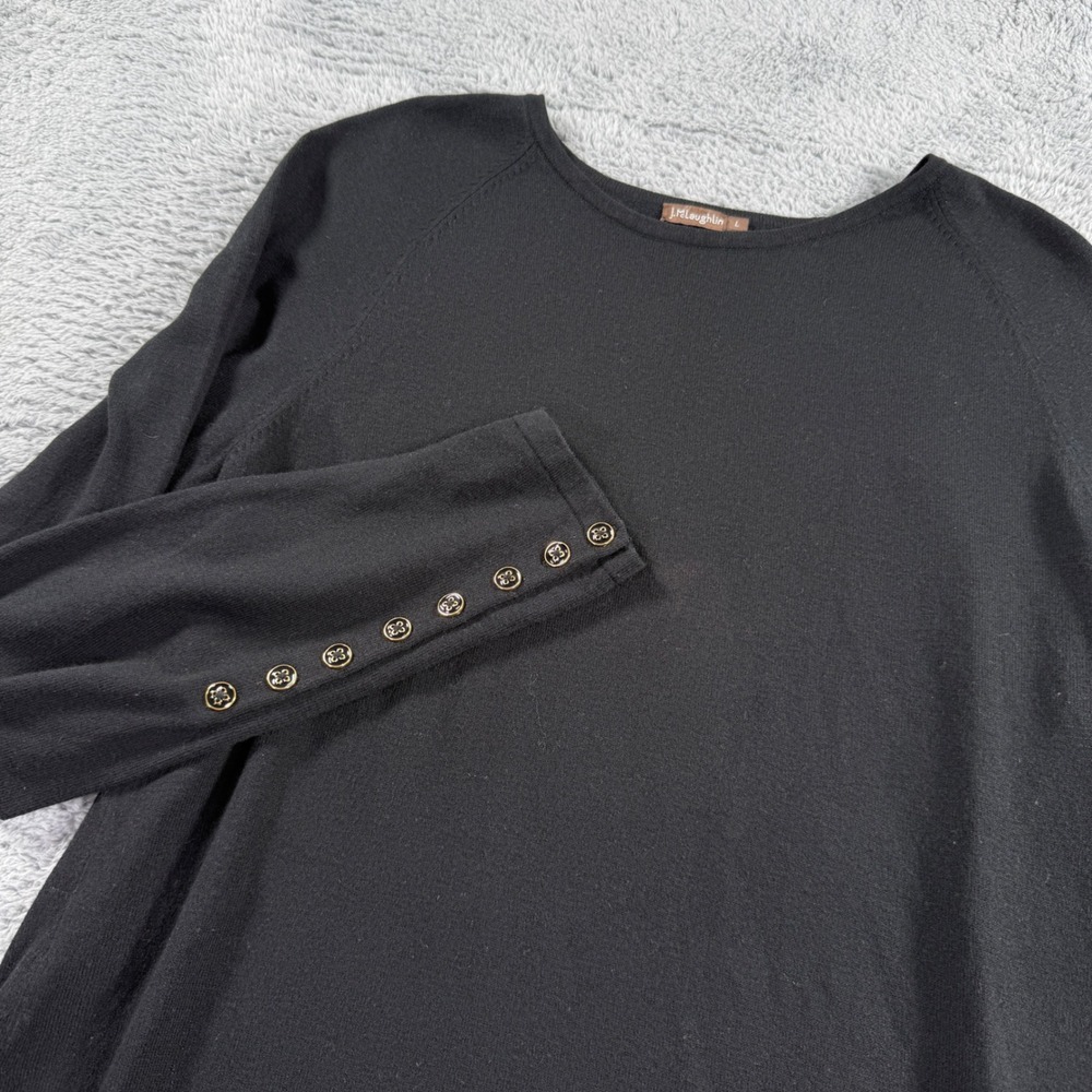 J.McLaughlin Knit Top Women Large Black Excellent Gold Button Cuff Crew Neck